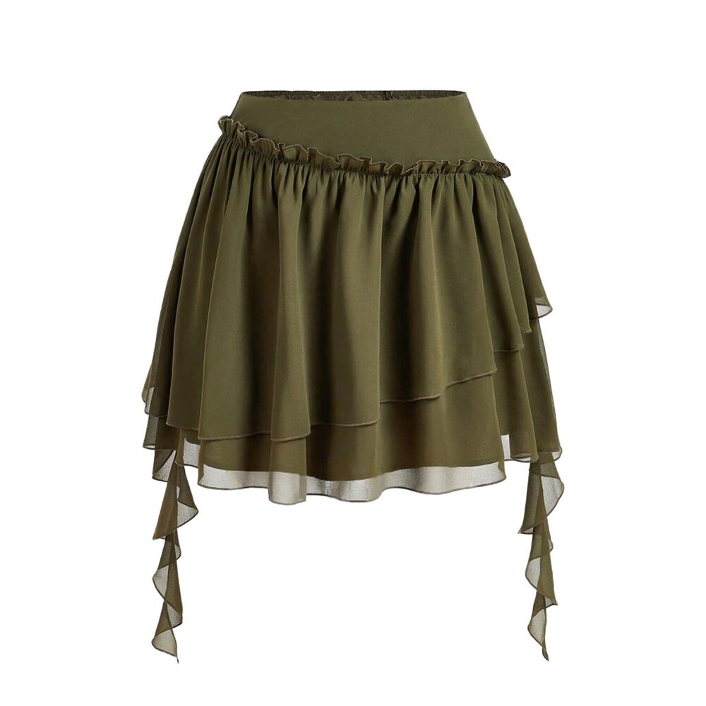 9257 Plus Size Layered Tiered Ruffle Short Skirt Fairy High Waist A Line